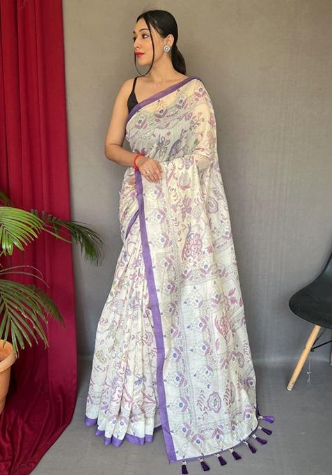 Light Purple Katha Print Malai Cotton Saree Set