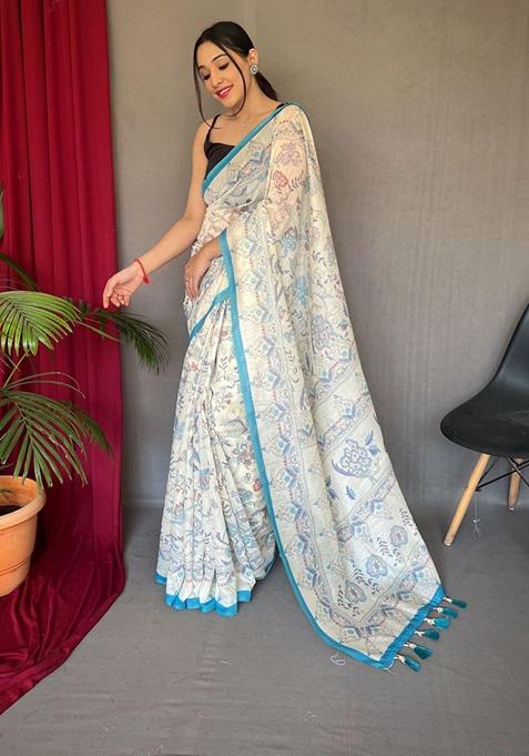 Sky Blue Katha Print Malai Cotton Saree Set