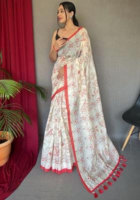 Red Katha Print Malai Cotton Saree Set