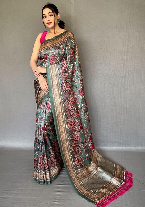 Green Printed Silk Saree Set