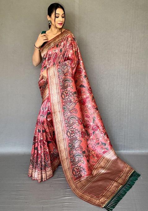 Red Printed Silk Saree Set