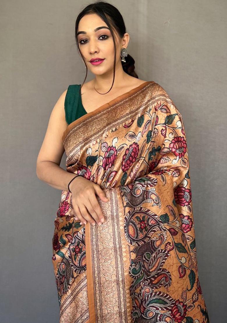 Golden Printed Silk Saree Set - Indya