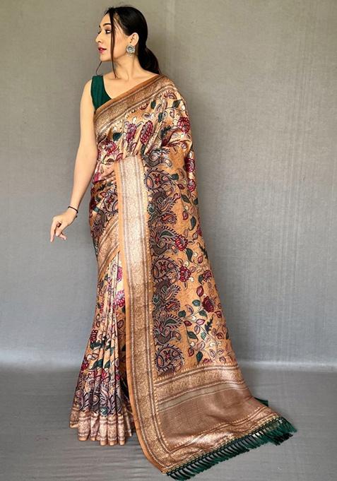 Golden Printed Silk Saree Set