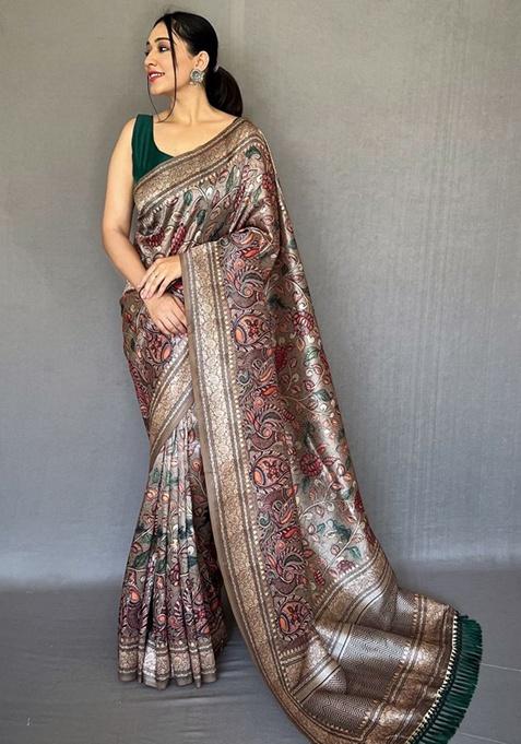 Grey Printed Silk Saree Set