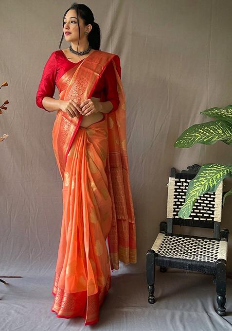 Peach Woven Silk Saree Set