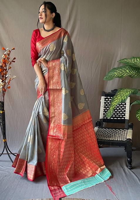 Gray Woven Silk Saree Set