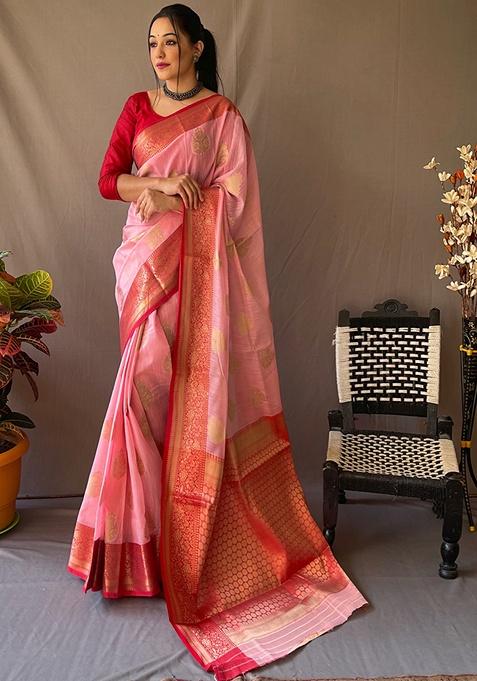 Pink Woven Silk Saree Set