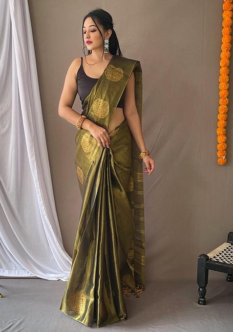 Green Woven Silk Saree Set