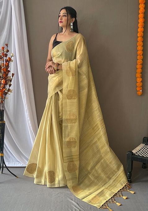 Cream Woven Silk Saree Set