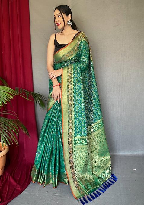 Green Printed Patola Silk Saree Set