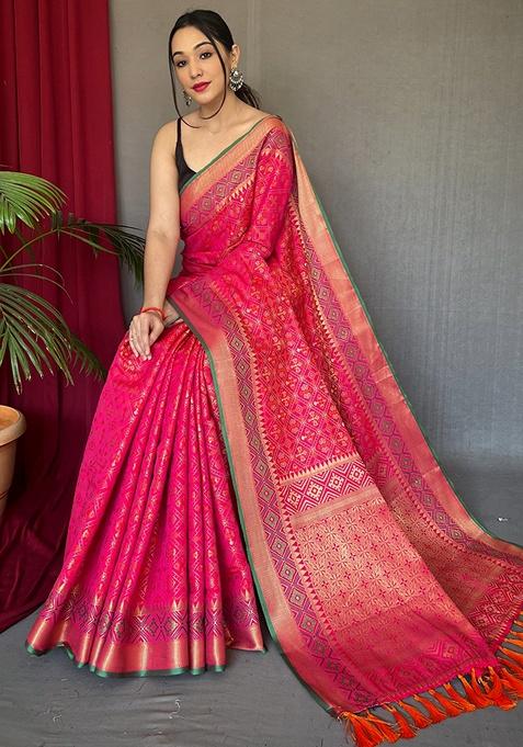 Pink Printed Patola Silk Saree Set