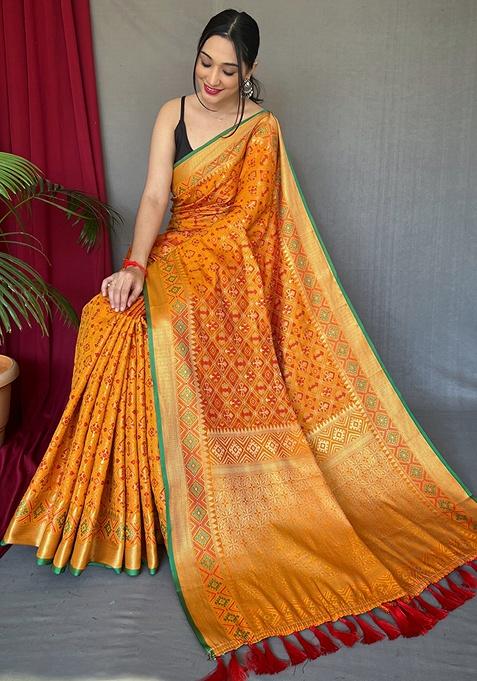 Yellow Printed Patola Silk Saree Set