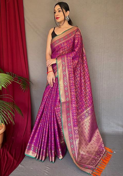 Wine Printed Patola Silk Saree Set