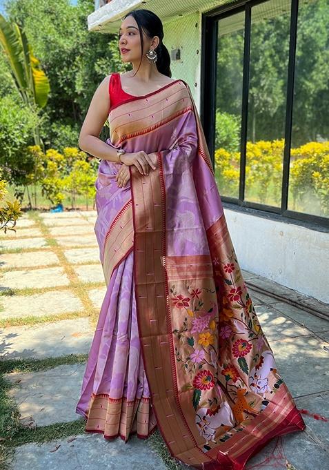 Lavender Woven Paithani Silk Saree Set