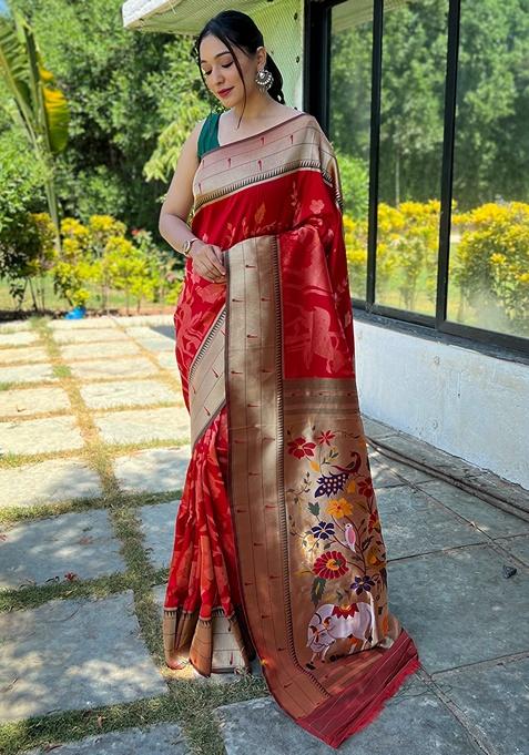 Red Woven Paithani Silk Saree Set