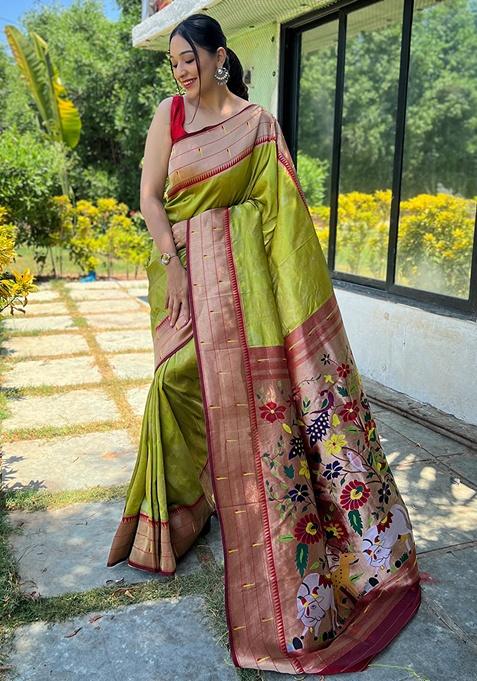 Pista Woven Paithani Silk Saree Set