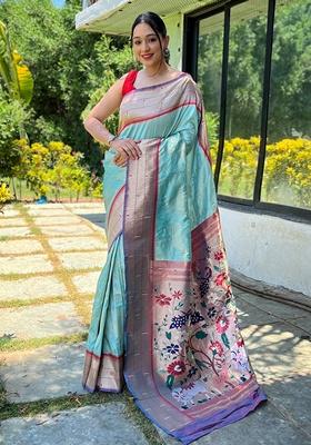Sky Blue Woven Paithani Silk Saree Set