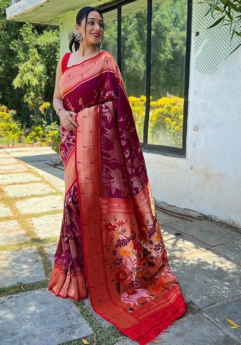 Wine Woven Paithani Silk Saree Set