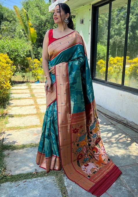 Rama Woven Paithani Silk Saree Set