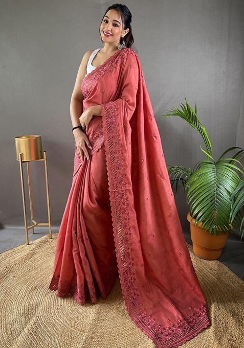 Dark Pink Woven Matka Silk Saree Set