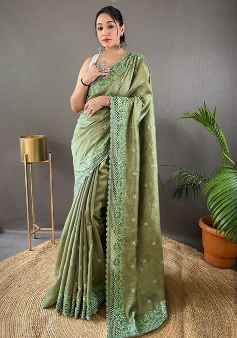 Mehendi Woven Matka Silk Saree Set