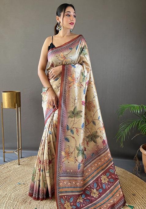 Brown Printed Silk Saree Set