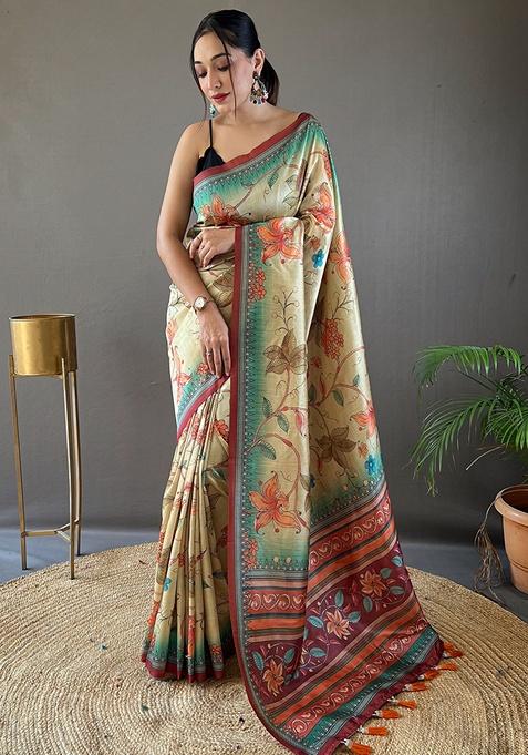 Maroon Printed Silk Saree Set