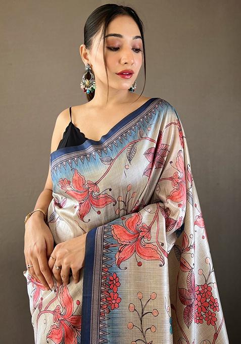 Navy Blue Printed Silk Saree Set