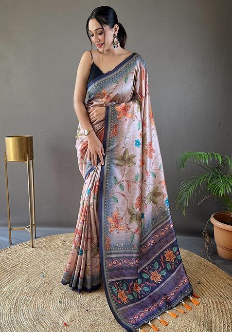 Violet Printed Silk Saree Set