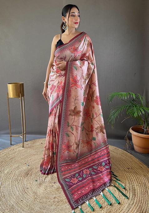 Wine Printed Silk Saree Set