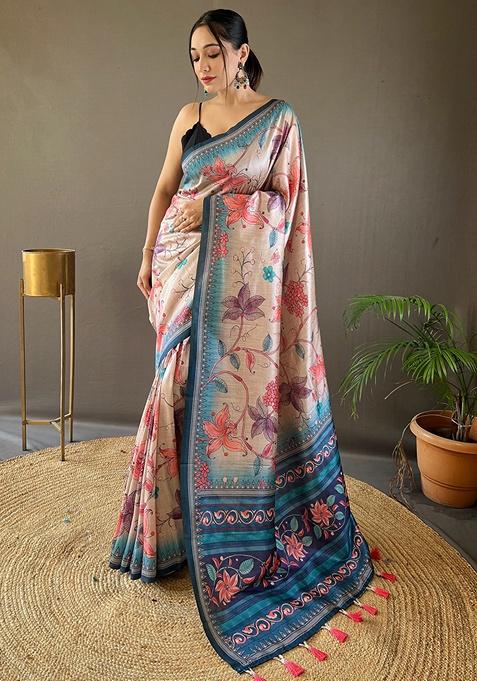 Sky Printed Silk Saree Set