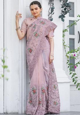 Pink Thread Embroidered Chiffon Saree Set