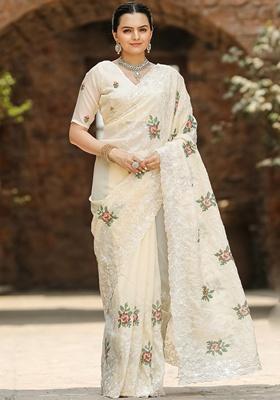 Cream Thread Embroidered Chiffon Saree Set