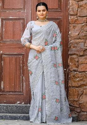 Grey Thread Embroidered Chiffon Saree Set