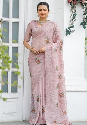 Peach Thread Embroidered Chiffon Saree Set