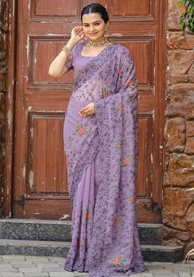 Lavender Thread Embroidered Chiffon Saree Set