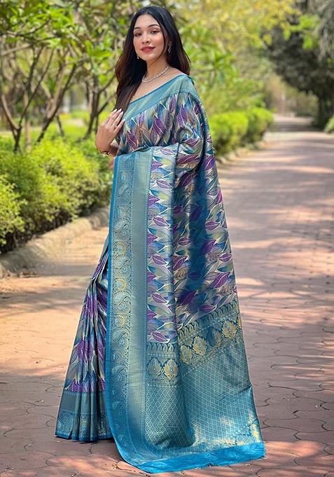 Denim Woven Silk Saree Set