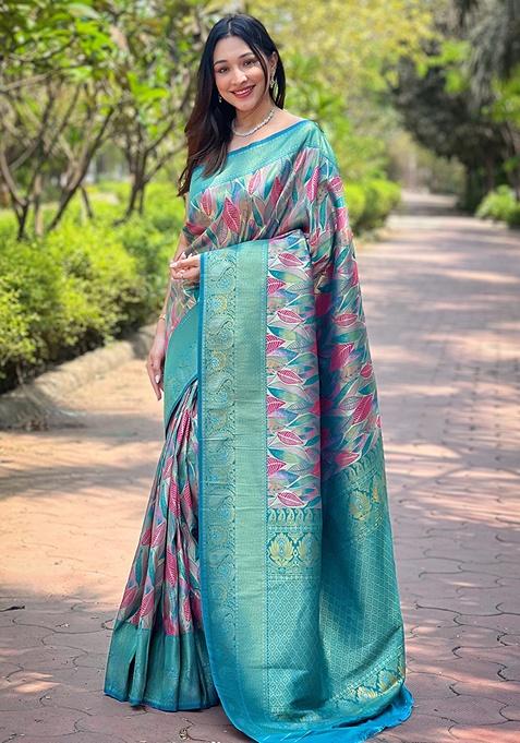 Firozi Woven Silk Saree Set