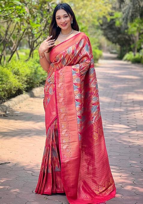 Pink Woven Silk Saree Set