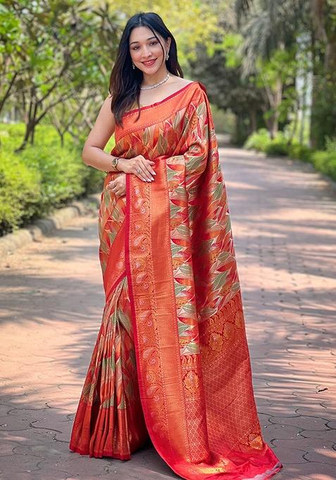 Red Woven Silk Saree Set