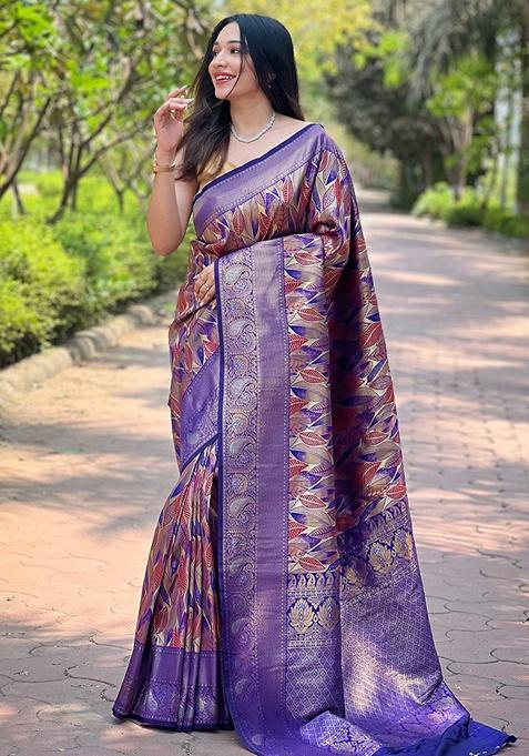 Violet Woven Silk Saree Set