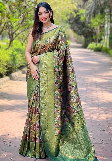 Green Woven Silk Saree Set