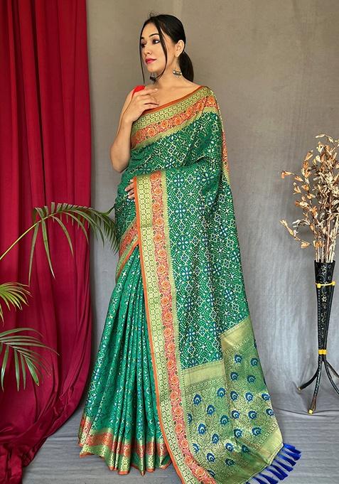 Green Woven Silk Saree Set