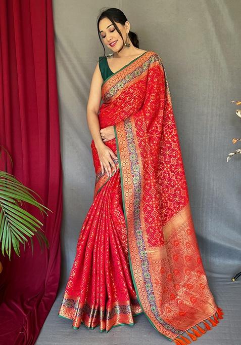 Red Woven Silk Saree Set