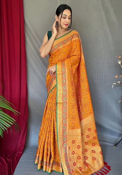 Yellow Woven Silk Saree Set