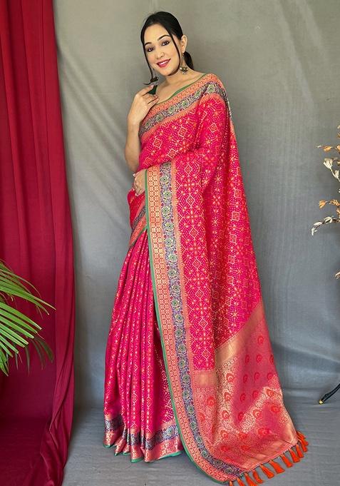 Pink Woven Silk Saree Set