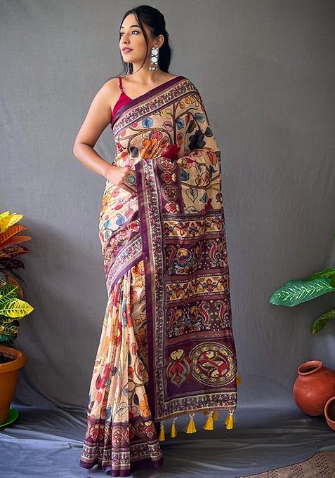 Cream Woven Silk Saree Set