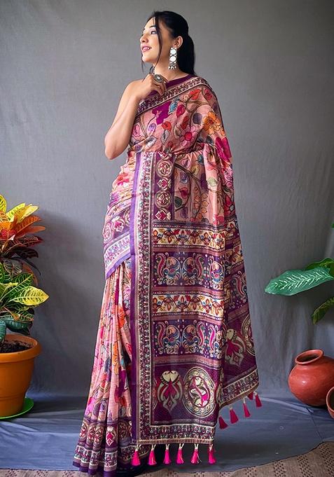 Pink Woven Silk Saree Set