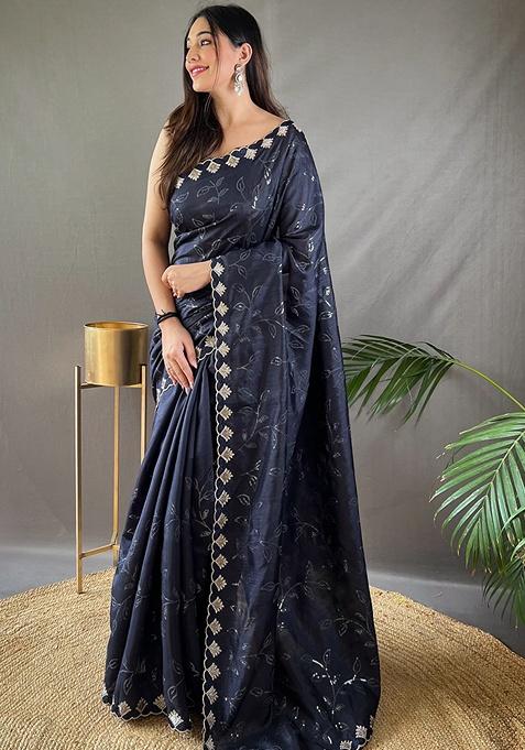 Black Woven Silk Saree Set