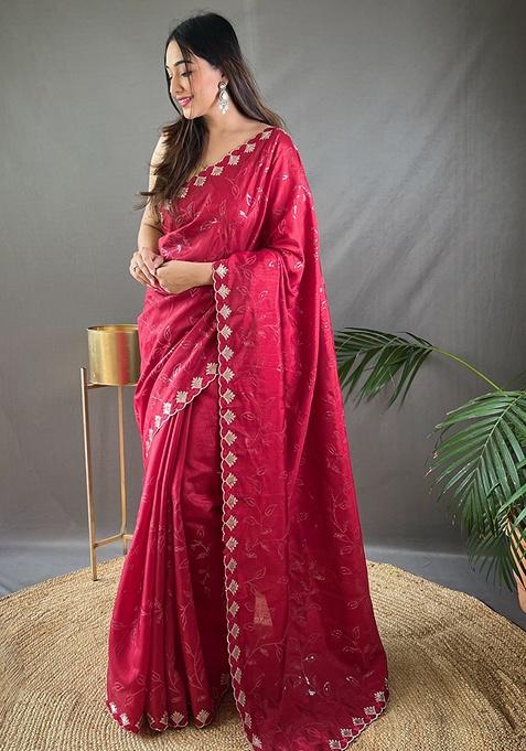 Red Woven Silk Saree Set